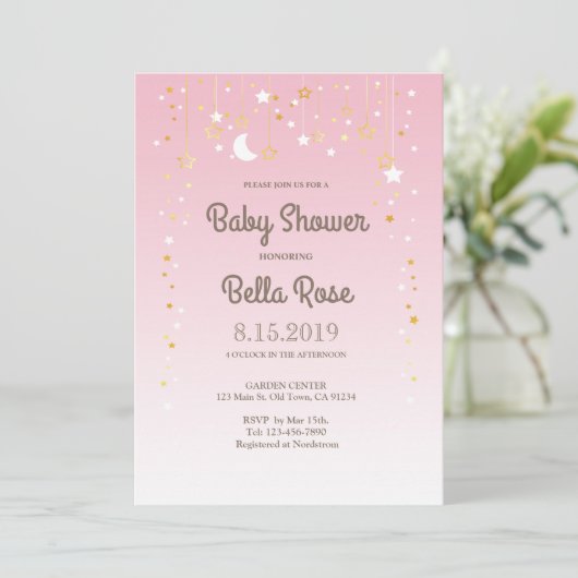 Roze Moon Star Girl Baby shower nodigt uit Kaart (Staand voorkant)