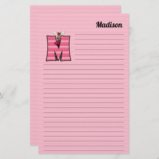 Roze Moose Mongram Letter M met naam Briefpapier (Voorkant / Achterkant)