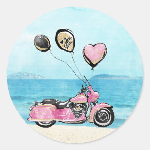 Roze Motorfiets op Strand Bruiloft Sticker