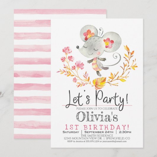 Roze Muis Meisje Verjaardag Uitnodiging (Voorkant / Achterkant)