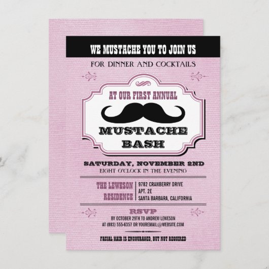  Roze Mustache Bash Kaart (Voorkant / Achterkant)