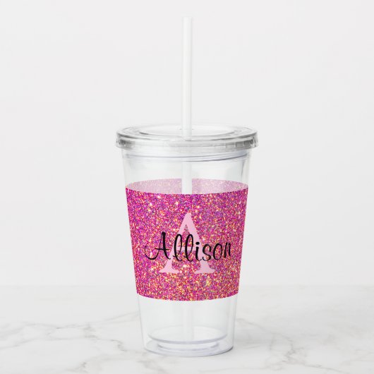 Roze naam van Glitter Monogram Acryl Drinkbeker (Voorkant)