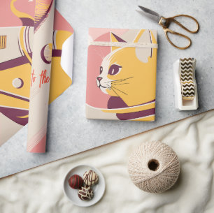 Roze "Naar de sterren!" Cat Astronaut Birthday Cadeaupapier
