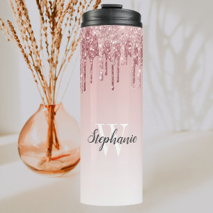 Roze namaak glittersparel ombré monogram thermosbeker