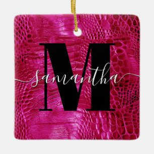 Roze namaak leer monogram foto keramisch ornament