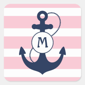 Roze Nautical Anchor Monogram Vierkante Sticker
