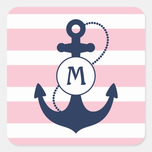 Roze Nautical Anchor Monogram Vierkante Sticker (Voorkant)