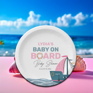 Roze Nautische Baby aan boord Baby shower Papieren Bordje