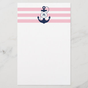 Roze Nautische strips met anker monogram Briefpapier