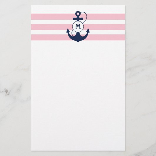 Roze Nautische strips met anker monogram Briefpapier (Voorkant)
