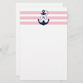 Roze Nautische strips met anker monogram Briefpapier (Voorkant / Achterkant)