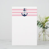 Roze Nautische strips met anker monogram Briefpapier (Staand voorkant)