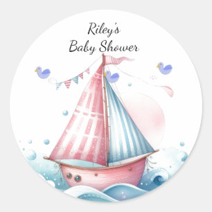 Roze Nautische Zeilboot Baby shower Classic Ronde Sticker