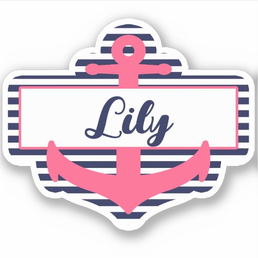 Roze & Navy Blauwe Ankernaam Sticker voor School (Voorkant)