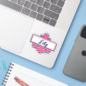 Roze & Navy Blauwe Ankernaam Sticker voor School (Laptop met iPhone)