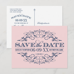  Roze Navy bloeiende bruiloft Save the Date Aankondigingskaart