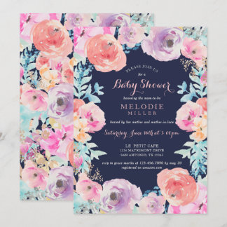 Roze Navy  Bloemen Baby shower Uitnodiging