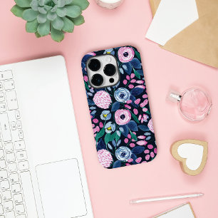 Roze Navy Blue Floral Bouquet Waterverf Patroon C Case-Mate iPhone 14 Pro Hoesje