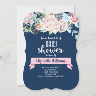 Roze Navy Blue Flowers Baby shower Uitnodiging