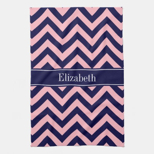 Roze, Navy Blue LG Chevron Navy Name Monogram Theedoek (Verticaal)