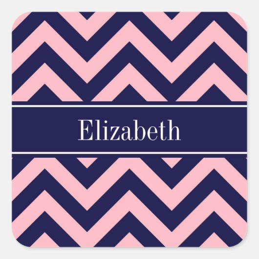 Roze, Navy Blue LG Chevron Navy Name Monogram Vierkante Sticker (Voorkant)