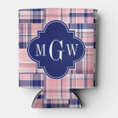Roze, Navy Blue Preppy Patchwork Madras Monogram Blikjeskoeler (Voorkant)
