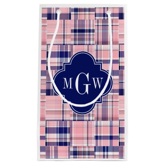 Roze, Navy Blue Preppy Patchwork Madras Monogram Klein Cadeauzakje (Voorkant)