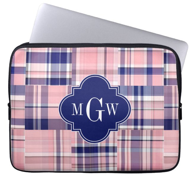 Roze, Navy Blue Preppy Patchwork Madras Monogram Laptop Sleeve (Voorkant)