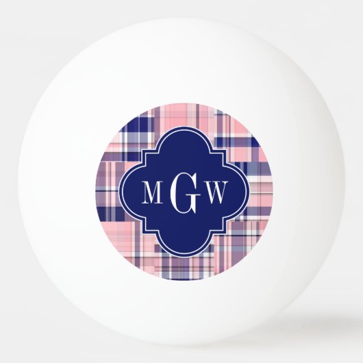 Roze, Navy Blue Preppy Patchwork Madras Monogram Pingpongballen (Voorkant)