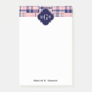 Roze, Navy Blue Preppy Patchwork Madras Monogram Post-it® Notes