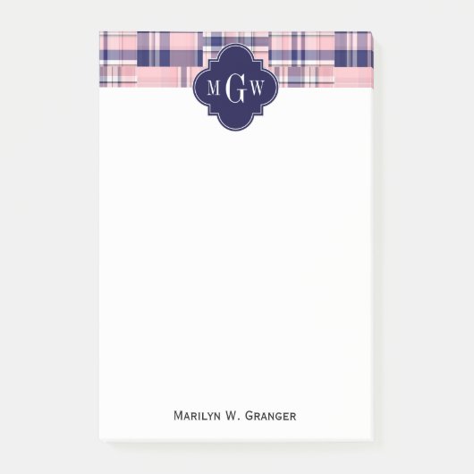 Roze, Navy Blue Preppy Patchwork Madras Monogram Post-it® Notes (Voorkant)