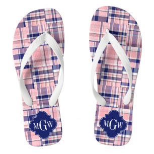 Roze, Navy Blue Preppy Patchwork Madras Monogram Teenslippers