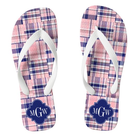 Roze, Navy Blue Preppy Patchwork Madras Monogram Teenslippers (Voetbed)