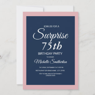Roze Navy Blue Surprise 75th Birthday Invitation Kaart