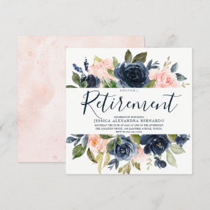 Roze Navy Blue Waterverf Flowers Retirement Party Kaart