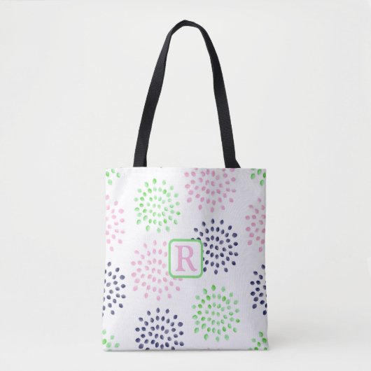 Roze Navy Green Flower Pattern Waterverf Monogram Draagtas (Voorkant)