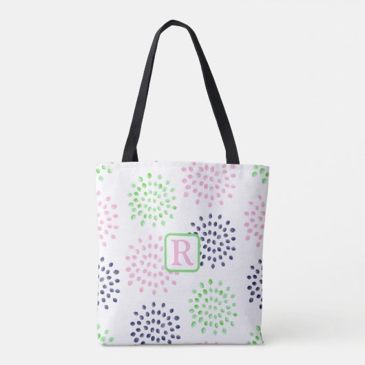 Roze Navy Green Flower Pattern Waterverf Monogram Draagtas (Achterkant)