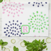 Roze Navy Green Flower Pattern Waterverf Monogram Theedoek (Gevouwen)