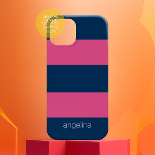 Roze Navy Modern Striped Pattern met aangepaste na iPhone 15 Pro Max Hoesje