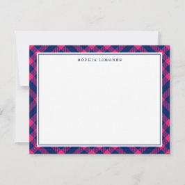 Roze & Navy Plaid Gepersonaliseerde briefpapier Notitiekaartje