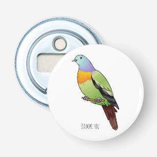 Roze-nekkige groene duivenvogel cartoon afbeelding button flesopener