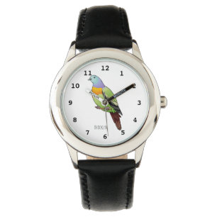 Roze-nekkige groene duivenvogel cartoon afbeelding horloge