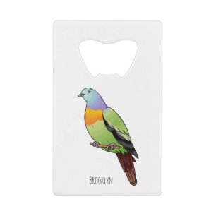 Roze-nekkige groene duivenvogel cartoon afbeelding kredietkaart flessenopener