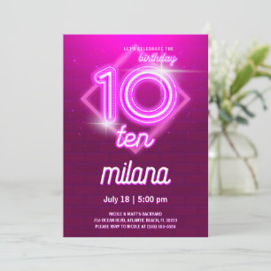 Roze Neon 10th Birthday Party Invitation Kaart