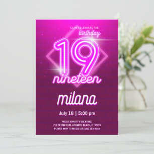 Roze Neon 19th Birthday Party Invitation Kaart