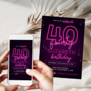 Roze Neon 40th Birthday Party Laten we gloed gek w Kaart