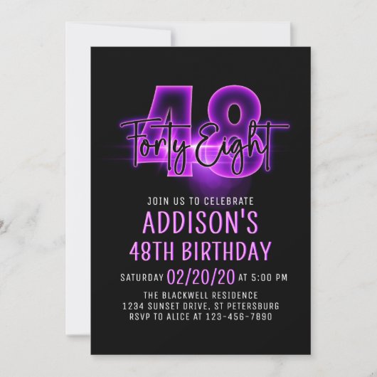 Roze Neon 48ste verjaardag uitnodiging (Voorkant)