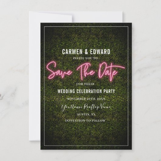 Roze neon boxwood bruiloft bewaart de datum save the date (Voorkant)