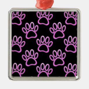 Roze Neon Dog Paw Print Metalen Ornament
