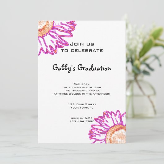 Roze Neon Flower Graduparty Invitation Kaart (Staand voorkant)